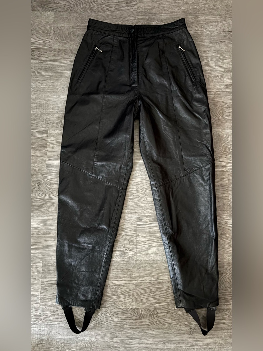 VTG 80s LEW MAGRAM Black High Waisted, Ankle Zip, Leather Stirrup Pants, Size 12